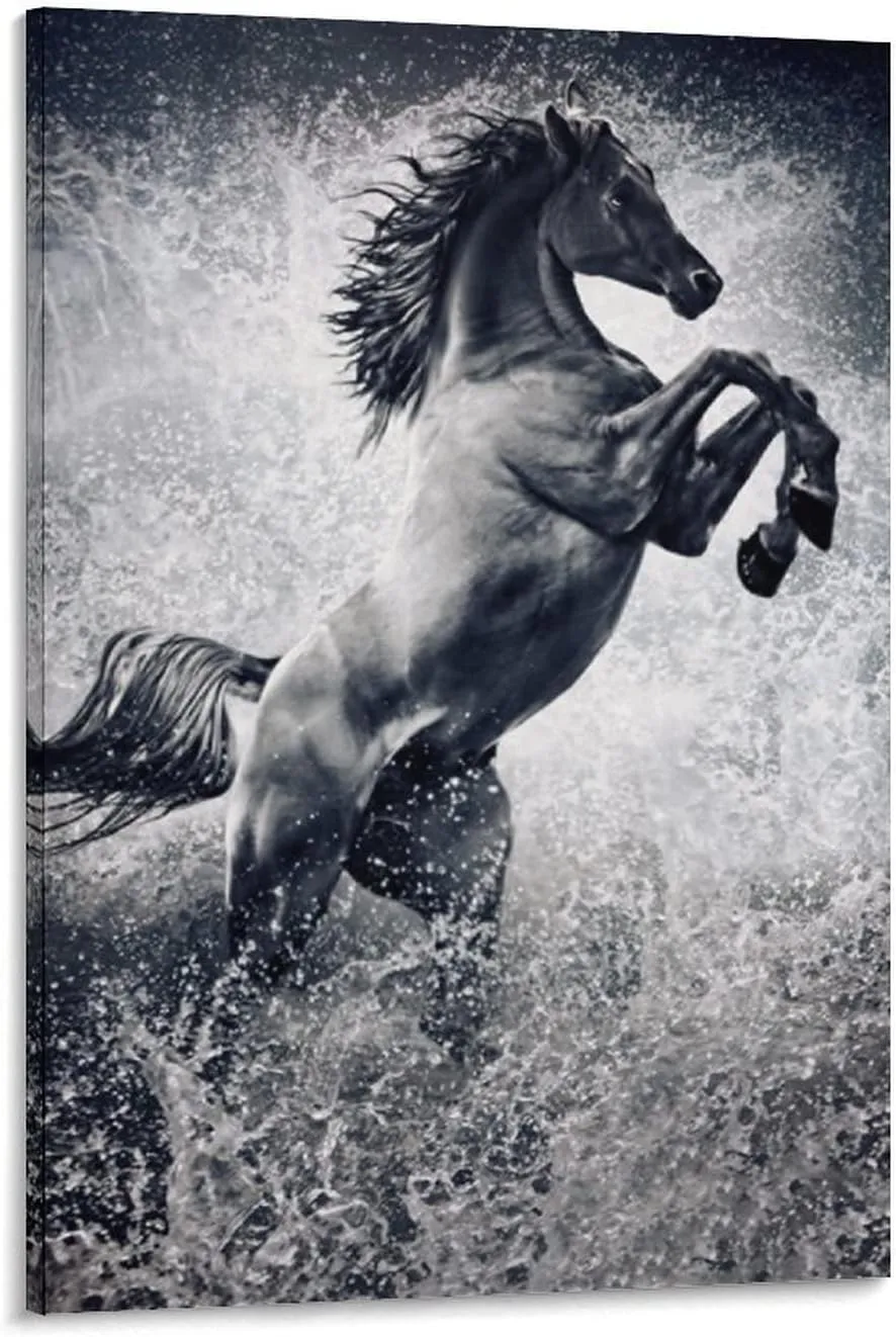Black Mustang Brown Horse Running in The Prairie Black Unique Home Office Art Posters (1) Canvas Wall Art Prints for Wall Decor Room Decor Bedroom Decor Gifts 08x12inch(20x30cm) Frame-Style