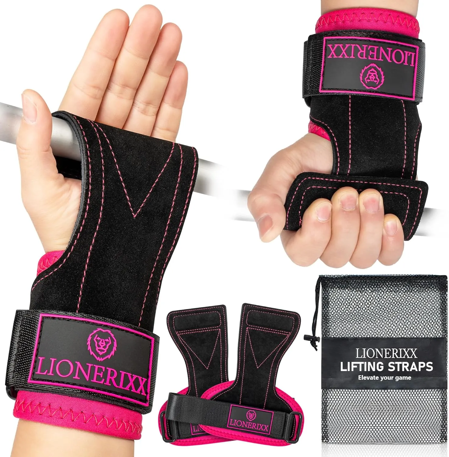 Black/Purple Weight Lifting Grips for Women - Professional Wrist Straps for Weightlifting, Deadlift and Powerlift - Palm Guard & Lifting Grips, Storage Bag Included