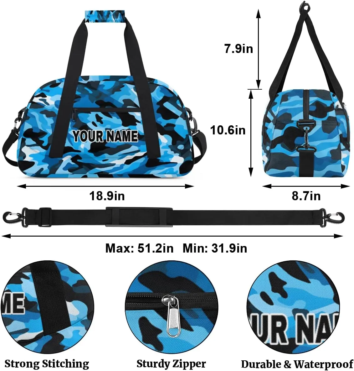 Blue Camo Black Camouflage Personalized Kids Duffel Bags for Boys Girls Teen, Custom Sports Gym Bag, Customized Travel Duffel Bag Girls Dance Bag Weekender Overnight Bag for Kids