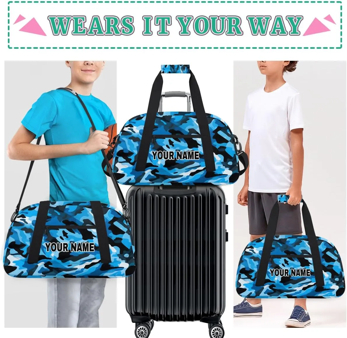 Blue Camo Black Camouflage Personalized Kids Duffel Bags for Boys Girls Teen, Custom Sports Gym Bag, Customized Travel Duffel Bag Girls Dance Bag Weekender Overnight Bag for Kids