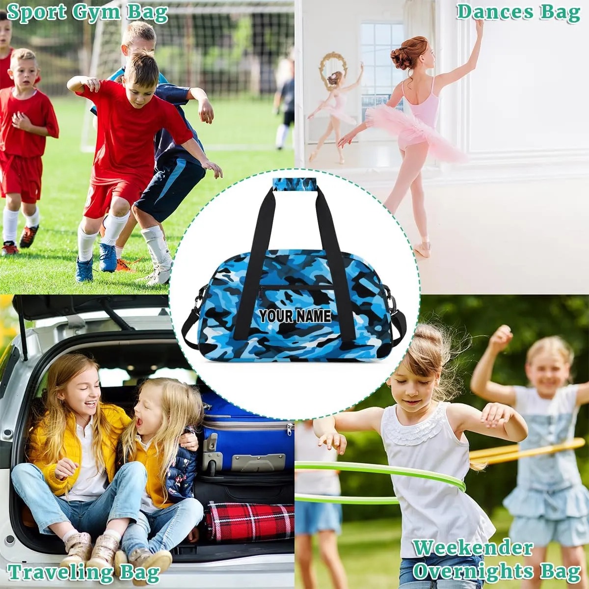 Blue Camo Black Camouflage Personalized Kids Duffel Bags for Boys Girls Teen, Custom Sports Gym Bag, Customized Travel Duffel Bag Girls Dance Bag Weekender Overnight Bag for Kids