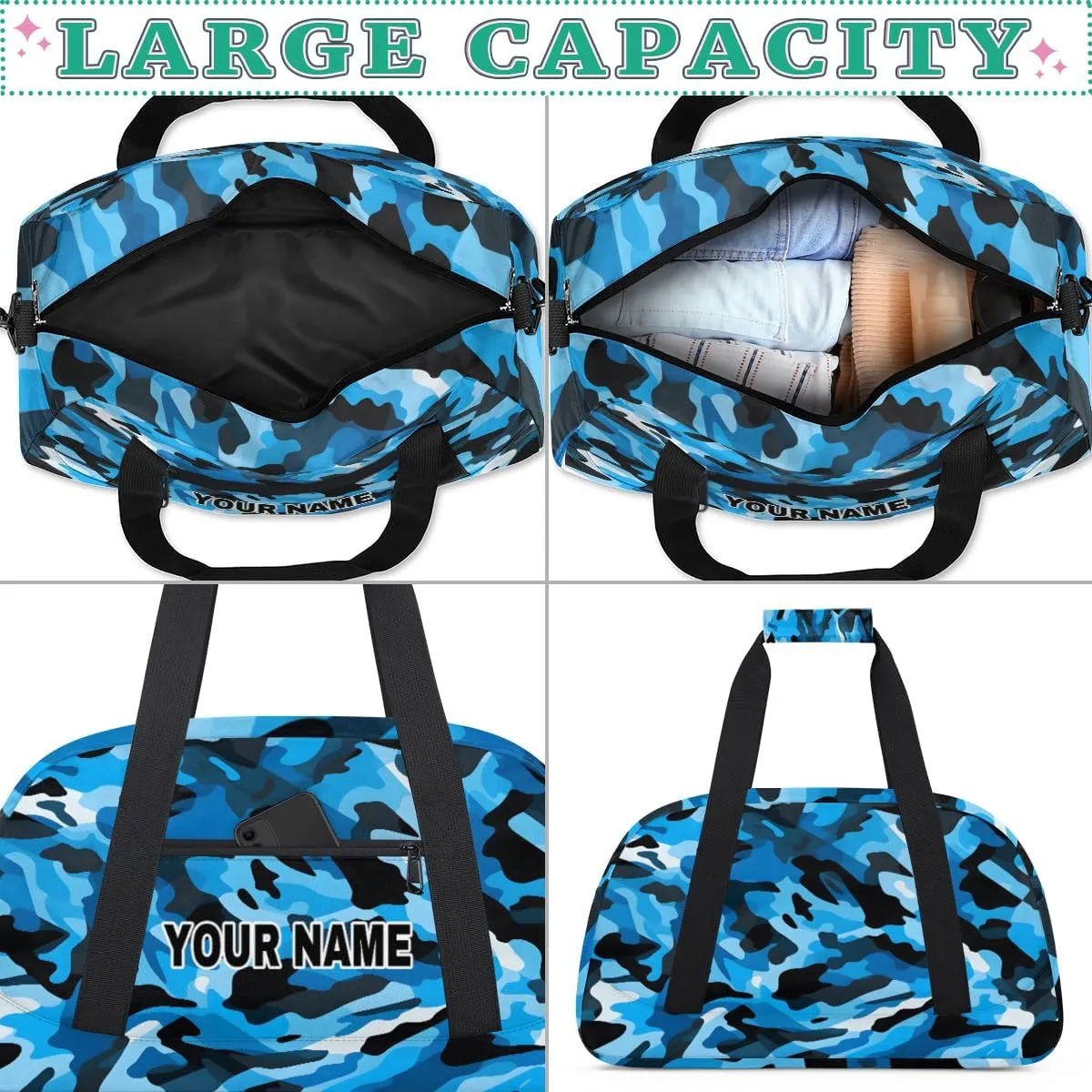Blue Camo Black Camouflage Personalized Kids Duffel Bags for Boys Girls Teen, Custom Sports Gym Bag, Customized Travel Duffel Bag Girls Dance Bag Weekender Overnight Bag for Kids
