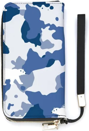 Blue Camouflage Women's Leather Long Large Capacity Wallet Clutch Wallet with Hand Strap, 20x10.5cm, style-19-2