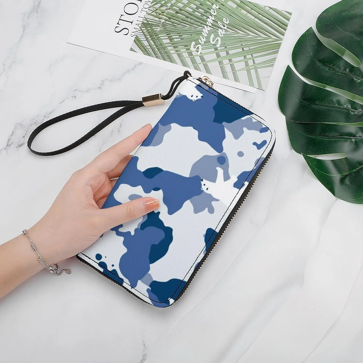 Blue Camouflage Women's Leather Long Large Capacity Wallet Clutch Wallet with Hand Strap, 20x10.5cm, style-19-2
