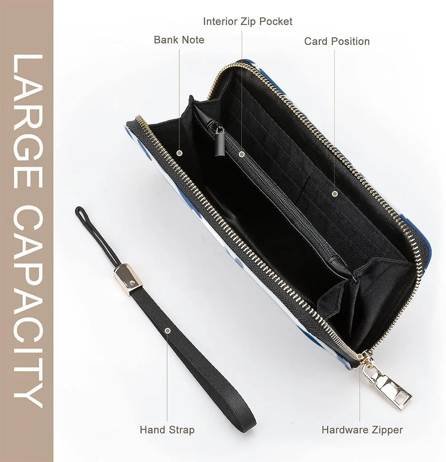 Blue Camouflage Women's Leather Long Large Capacity Wallet Clutch Wallet with Hand Strap, 20x10.5cm, style-19-2