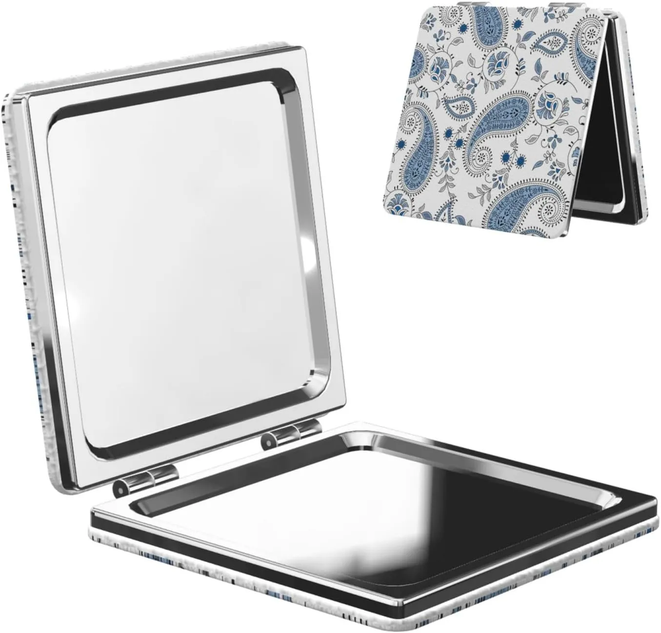 Blue Ethnic Paisley Pattern Women Small Pocket Makeup Mirror Compact Portable Folding Handheld Makeup Mirror