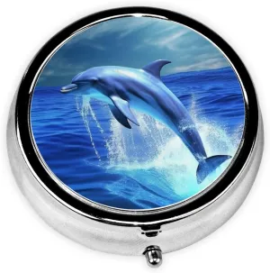 Blue Ocean Dolphin Pill Box Round Pill Case for Pocket Purse 3 Compartment Medicine Pill Organizer Cute Portable Travel Pillbox Vitamin Cod Liver Oil Storage Box Unique Gift Organizer