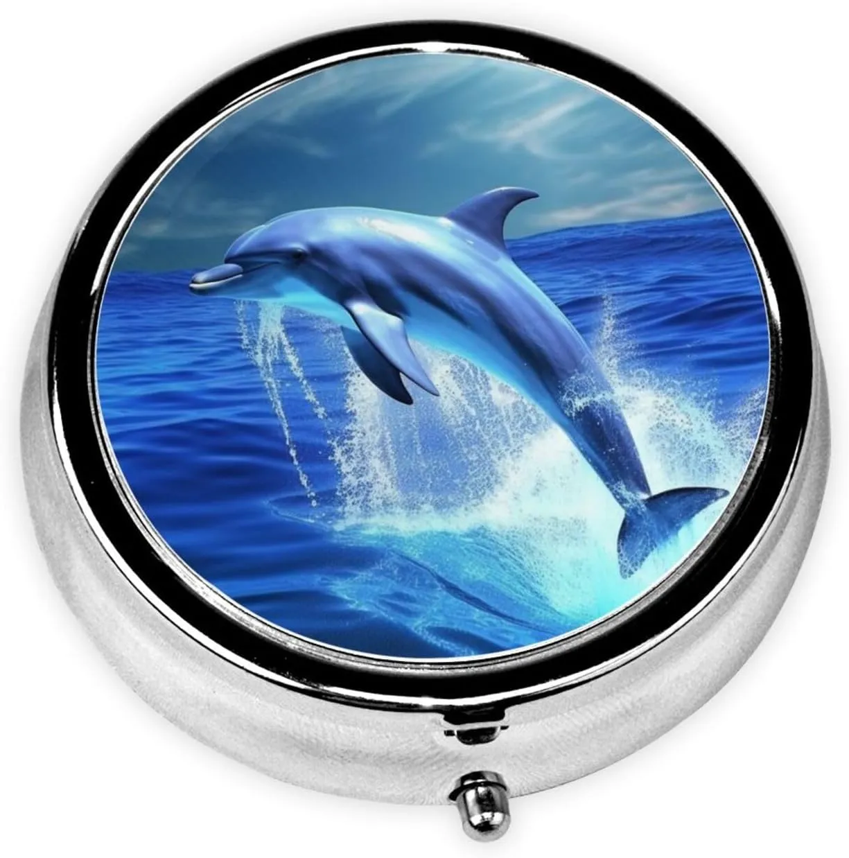 Blue Ocean Dolphin Pill Box Round Pill Case for Pocket Purse 3 Compartment Medicine Pill Organizer Cute Portable Travel Pillbox Vitamin Cod Liver Oil Storage Box Unique Gift Organizer