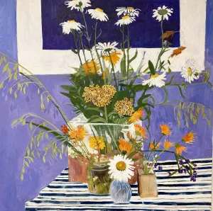 Blue Stripe Tablecloth C-LB340 Acrylic Painting by Lila Bacon 06-2020 30x30
