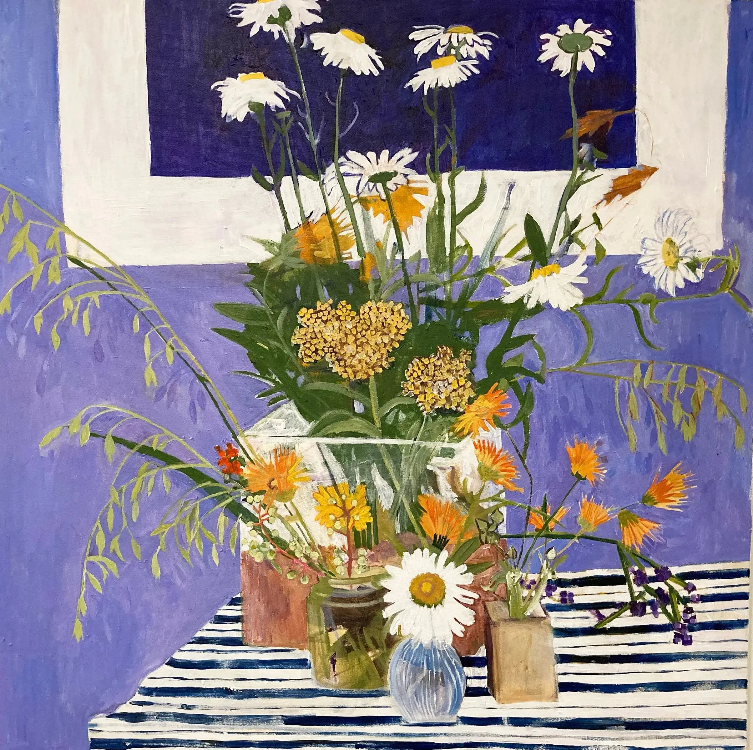 Blue Stripe Tablecloth C-LB340 Acrylic Painting by Lila Bacon 06-2020 30x30