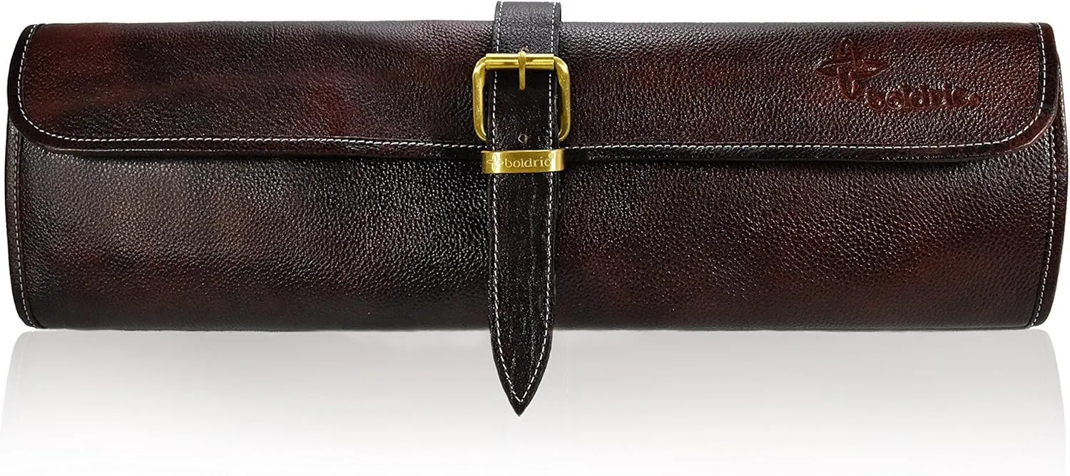 Boldric One Buckle Water Buffalo Leather Chef Knife Bag - Professional Grade Roll Travel Knife Case – 8 Tool Holder Slots For Knives Pens Pencils Spoons (Dark Brown)