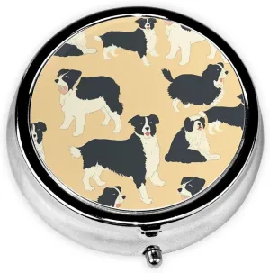 Border Collie Pattern Pill Box Round Pill Case for Pocket Purse 3 Compartment Medicine Pill Organizer Cute Portable Travel Pillbox Vitamin Cod Liver Oil Storage Box Unique Gift Organizer