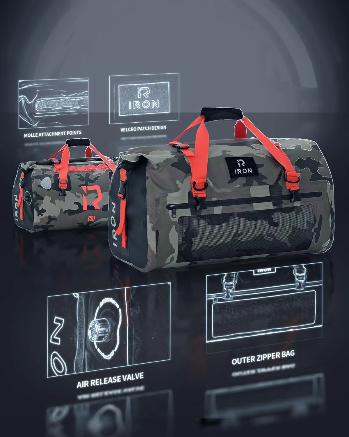 BORLENI Waterproof Motorcycle Dry Duffel Bag Luggage Tail Bag with Large Storage Space,Roll Top Closure, Shoulder Straps, Inner Pocket and Mesh Pocket for Motorcycling Travel Camping(Camouflage,30L)