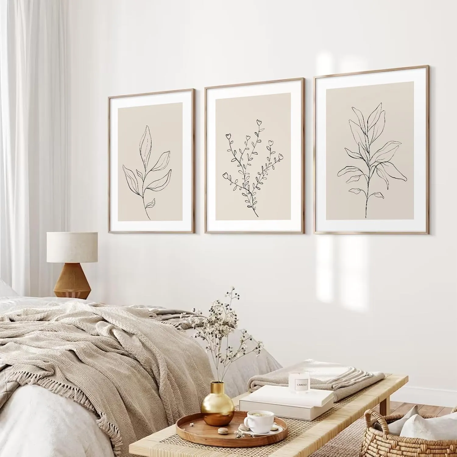 Botanical Wall Art Decor Set of 3 Neutral Wall Decor Boho Beige Canvas Wall Art Botanical Minimalist Pictures Botanical Neutral Prints Beige Boho Artwork for Room Bedroom 12x16 Inch Unframed