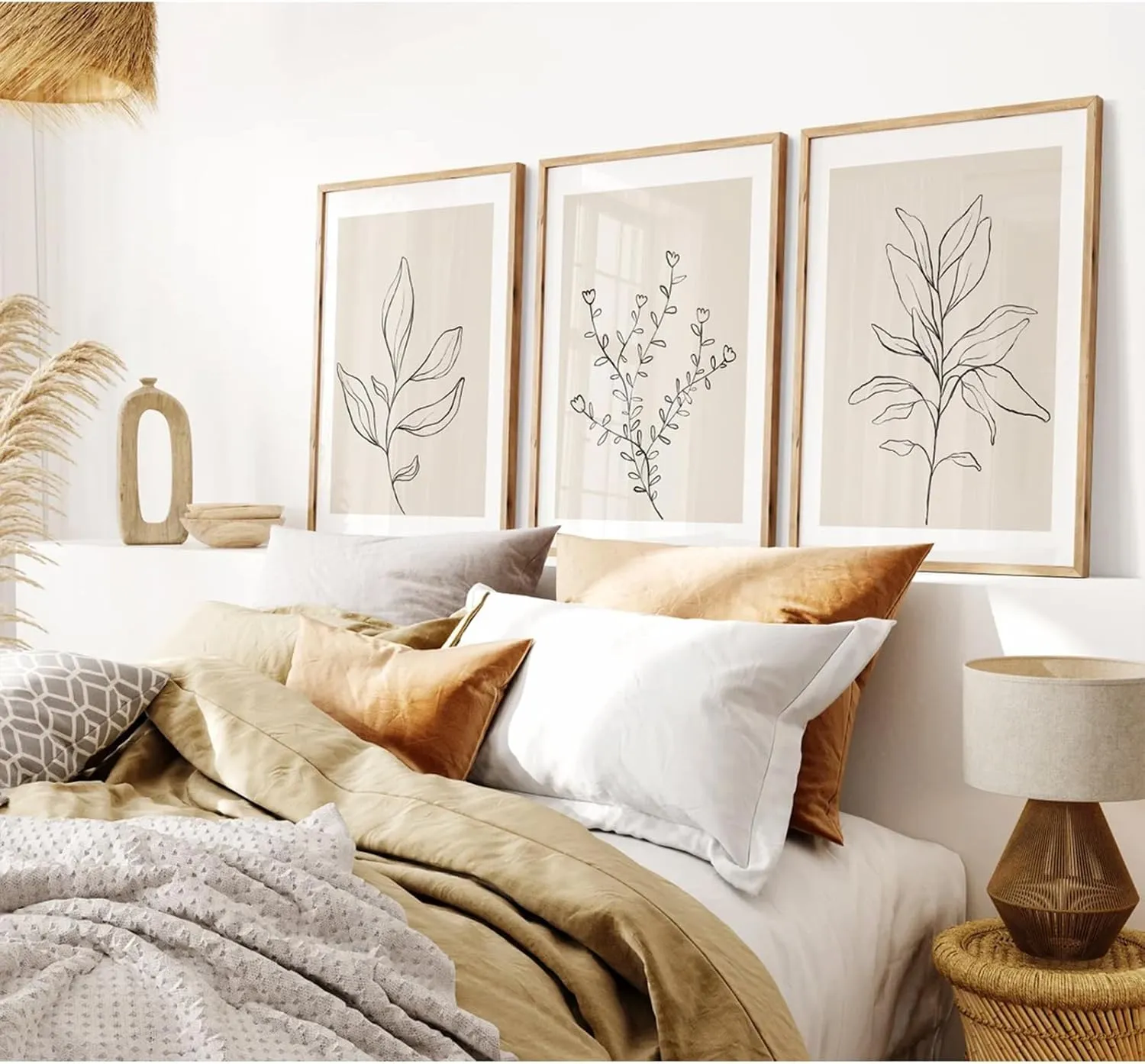 Botanical Wall Art Decor Set of 3 Neutral Wall Decor Boho Beige Canvas Wall Art Botanical Minimalist Pictures Botanical Neutral Prints Beige Boho Artwork for Room Bedroom 12x16 Inch Unframed