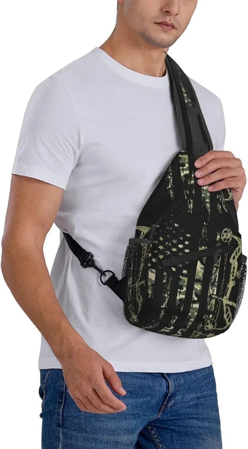 Bow Hunting American Flag Archery Bowhunter Camouflage Sling Bag Chest Bags Crossbody Bag Travel Shoulder Backpack