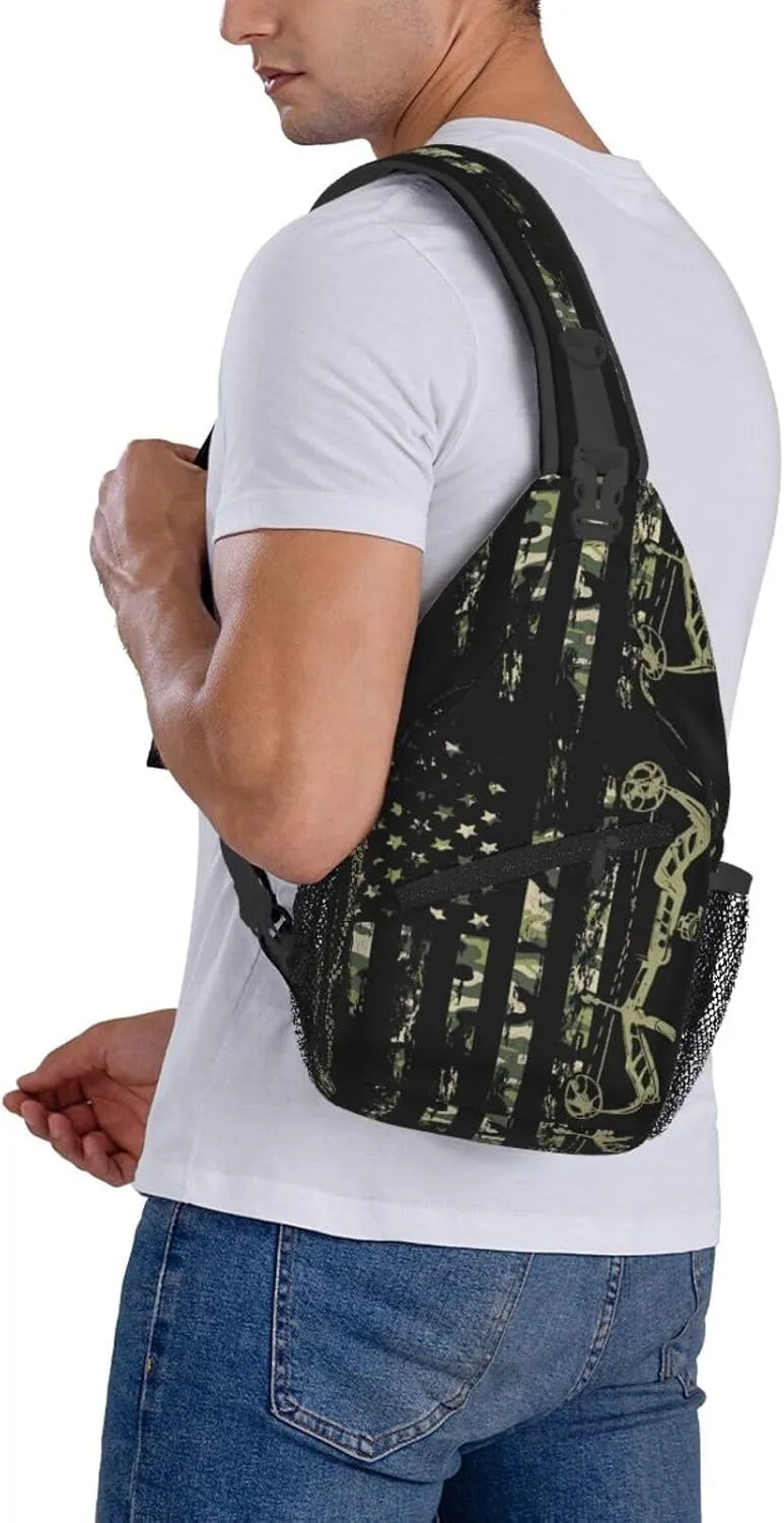 Bow Hunting American Flag Archery Bowhunter Camouflage Sling Bag Chest Bags Crossbody Bag Travel Shoulder Backpack
