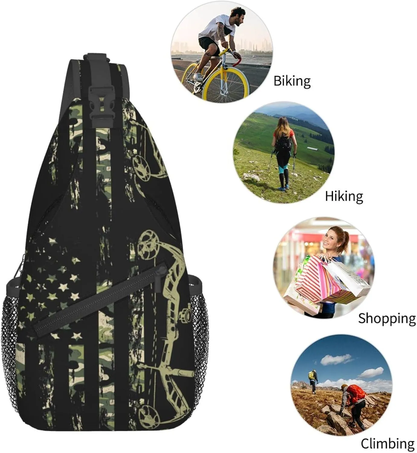 Bow Hunting American Flag Archery Bowhunter Camouflage Sling Bag Chest Bags Crossbody Bag Travel Shoulder Backpack