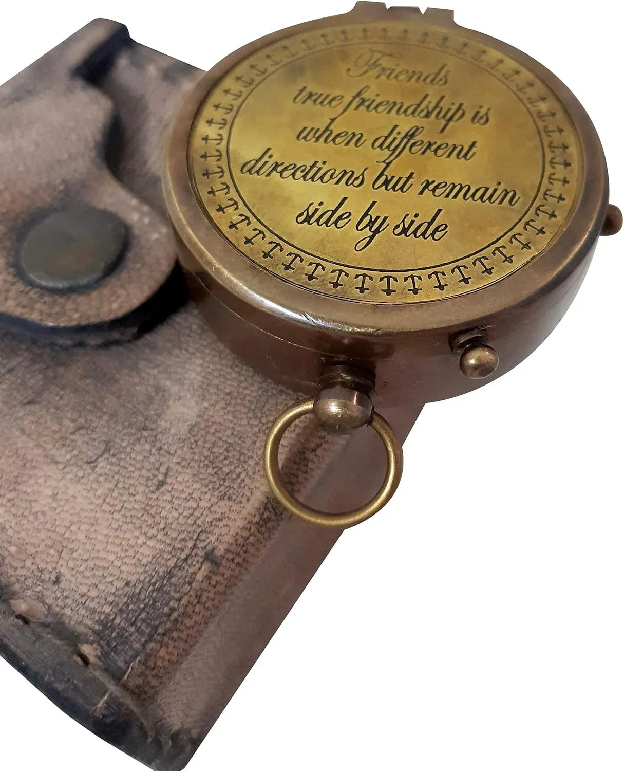 Brass Compass with Leather Case Elegant Navigation Camping Tool Magnetic Vintage Antique Marine Engraved Friend Quote