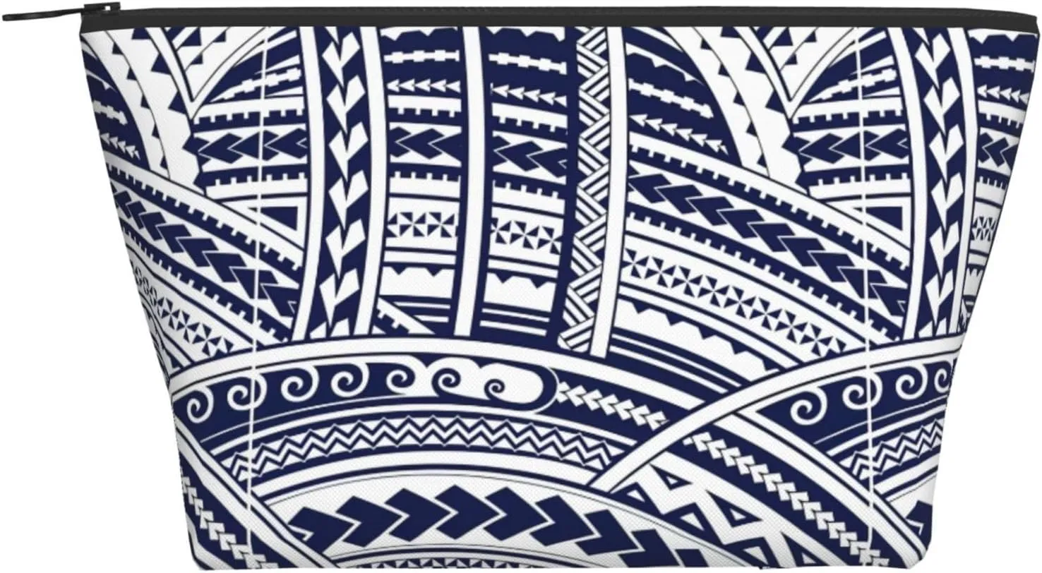 BREAUX Blue Polynesian Maori Tribal Pattern Print Makeup Organizer Bag, Zipper Organizer Bag, Travel Portable Handbag, Fashion Makeup Bag