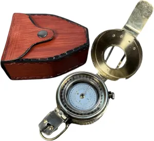 British Military Prismatic Brass Compass with Leather Case - Precision Navigation Tool for Adventurers and Outdoor Enthusiasts - Durable, Reliable, and Lightweight Design