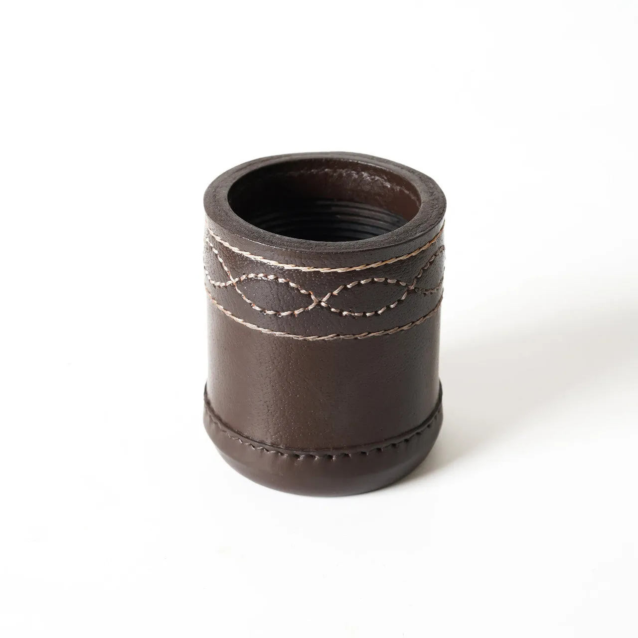 Brown Leather Dice Cup With Ribbed Interior