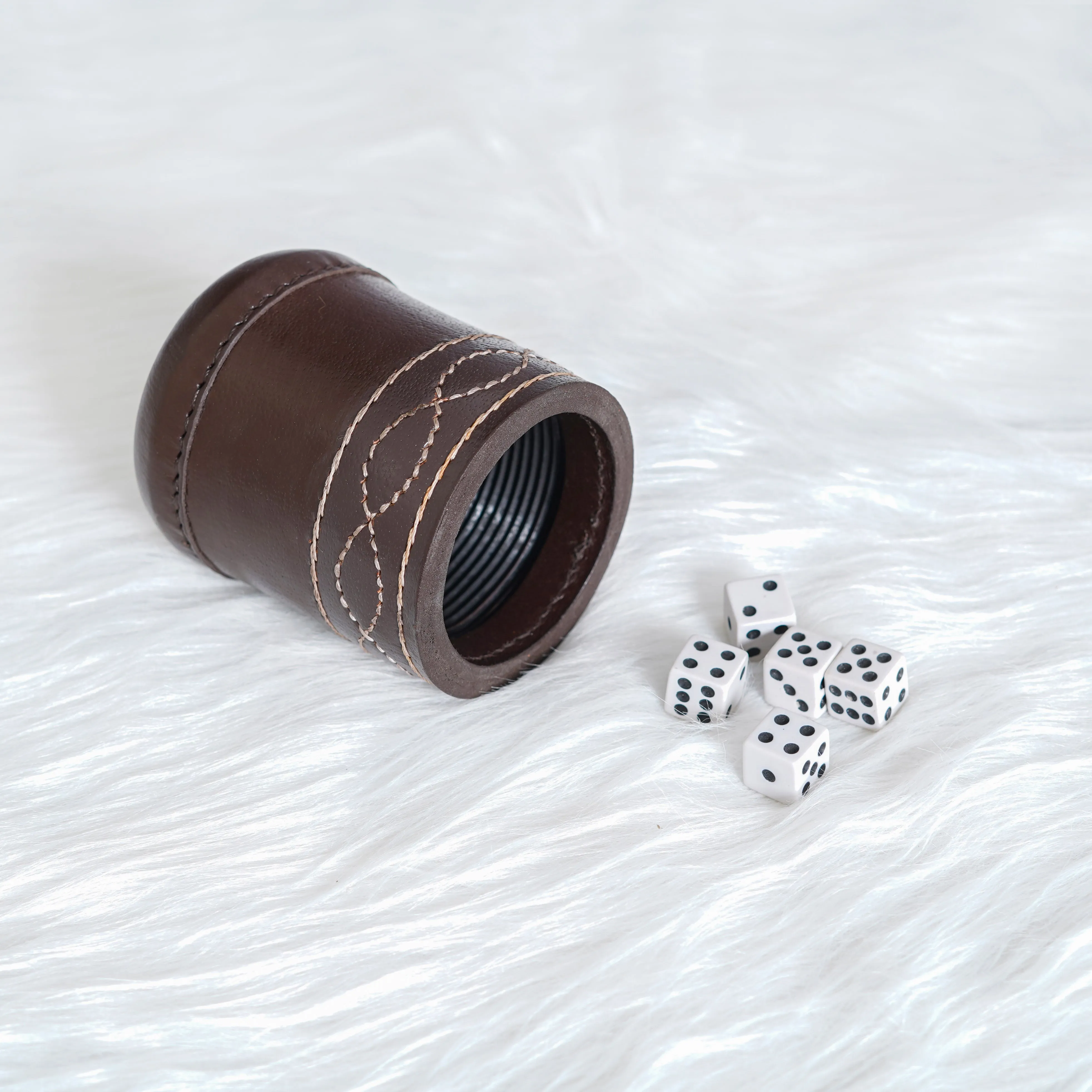 Brown Leather Dice Cup With Ribbed Interior