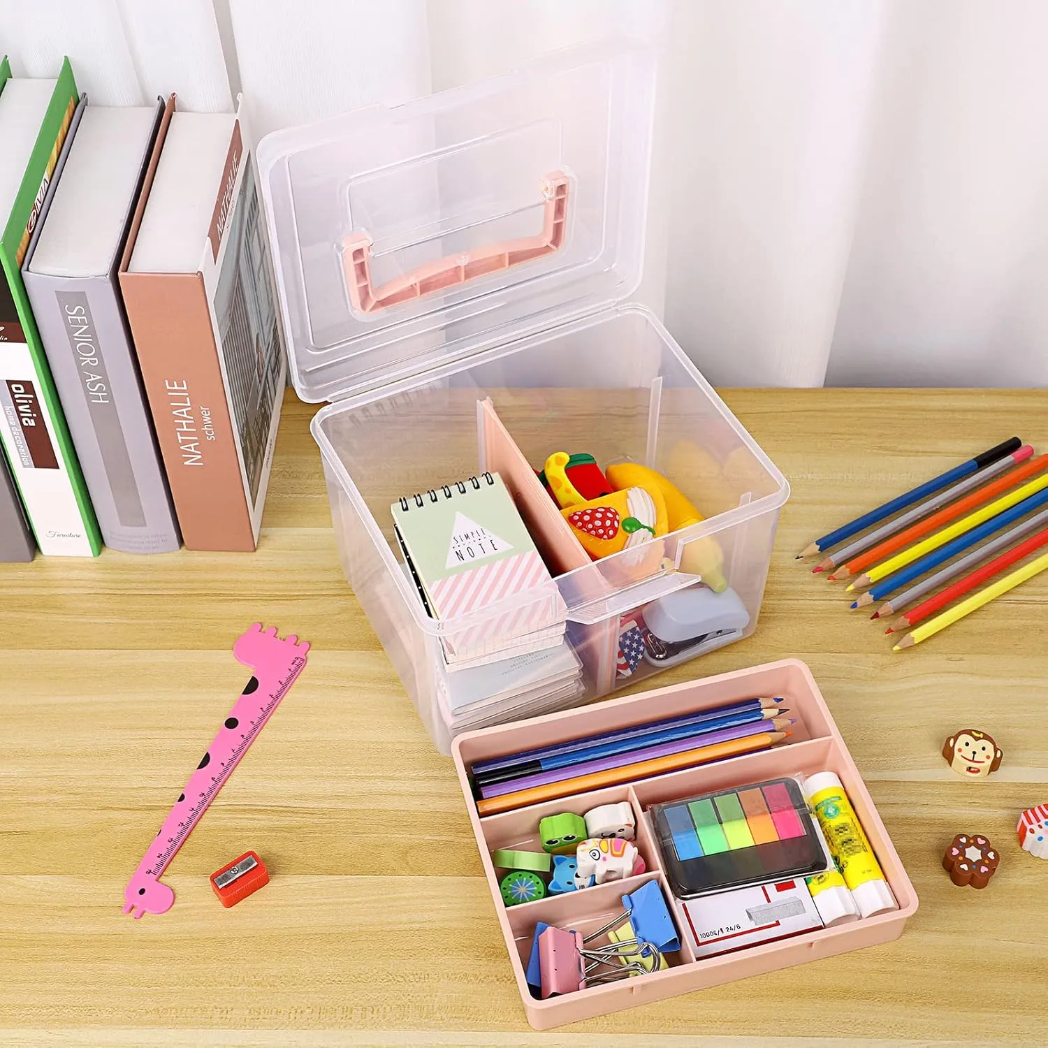 BTSKY 2 Layer Clear Plastic Dividing Storage Box with Removable Tray Multipurpose Stationery Storage Box with Handle Portable Sewing Box Art Craft Supply Organizer Home Utility Box (Small Pink)