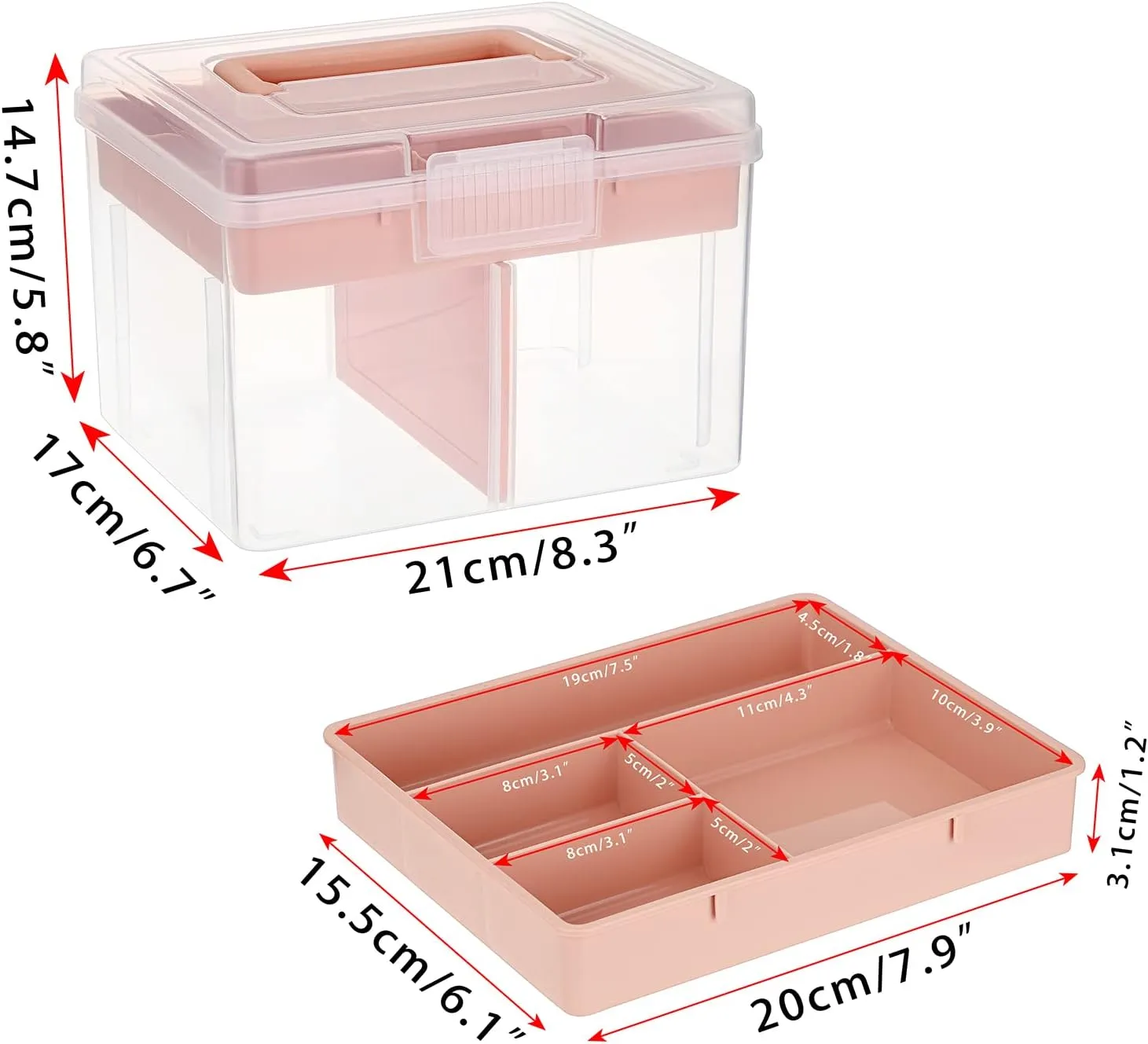 BTSKY 2 Layer Clear Plastic Dividing Storage Box with Removable Tray Multipurpose Stationery Storage Box with Handle Portable Sewing Box Art Craft Supply Organizer Home Utility Box (Small Pink)