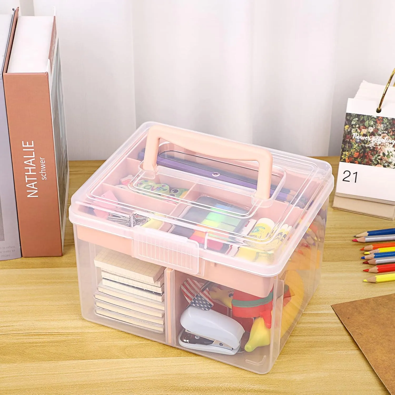 BTSKY 2 Layer Clear Plastic Dividing Storage Box with Removable Tray Multipurpose Stationery Storage Box with Handle Portable Sewing Box Art Craft Supply Organizer Home Utility Box (Small Pink)