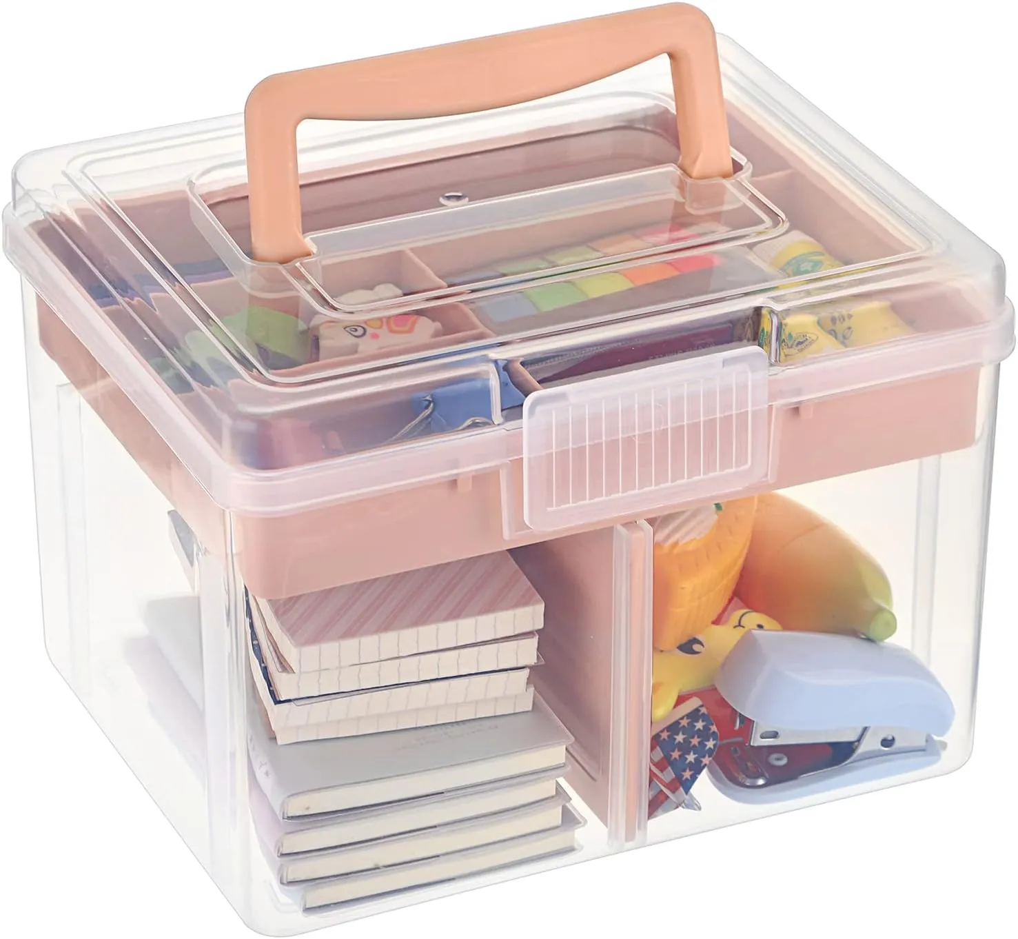BTSKY 2 Layer Clear Plastic Dividing Storage Box with Removable Tray Multipurpose Stationery Storage Box with Handle Portable Sewing Box Art Craft Supply Organizer Home Utility Box (Small Pink)