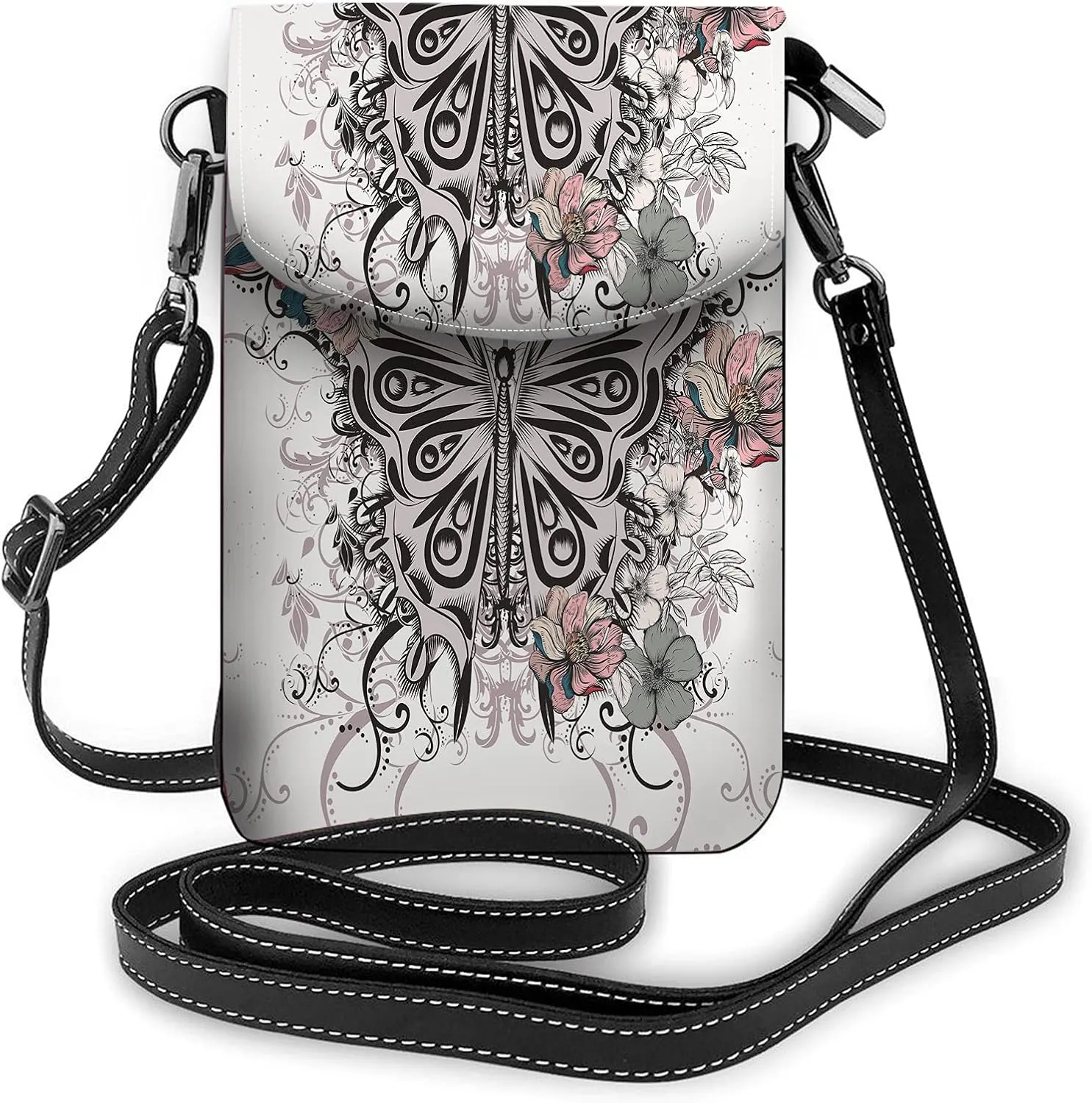 Butterfly Crossbody Cell Phone Purse Art Floral Flower Filigree Romantic Wings VintageWallet Handbag