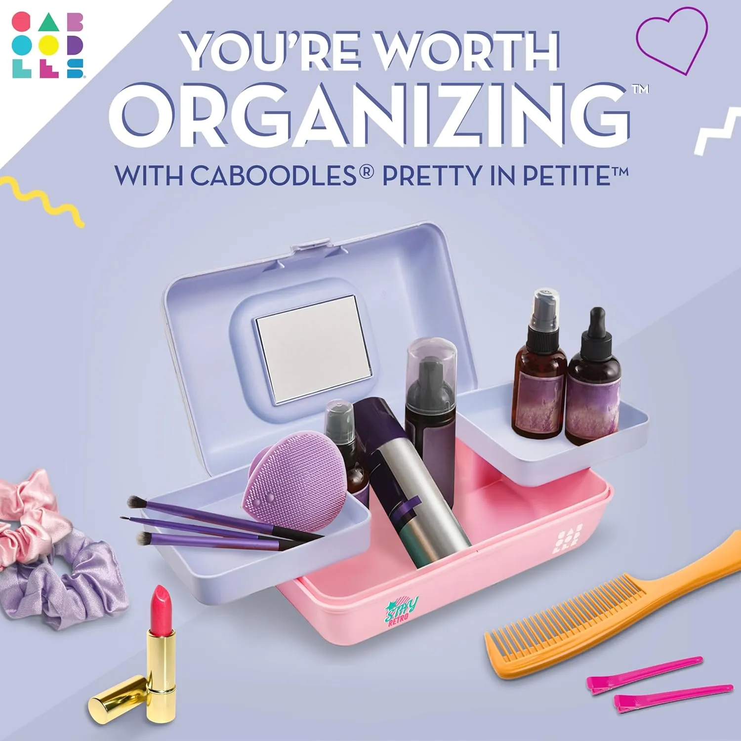 Caboodles Pretty in Petite Makeup Box, Hard Plastic Organizer Box, 2 Swivel Trays, Fashion Mirror, Secure Latch for Safe Travel
