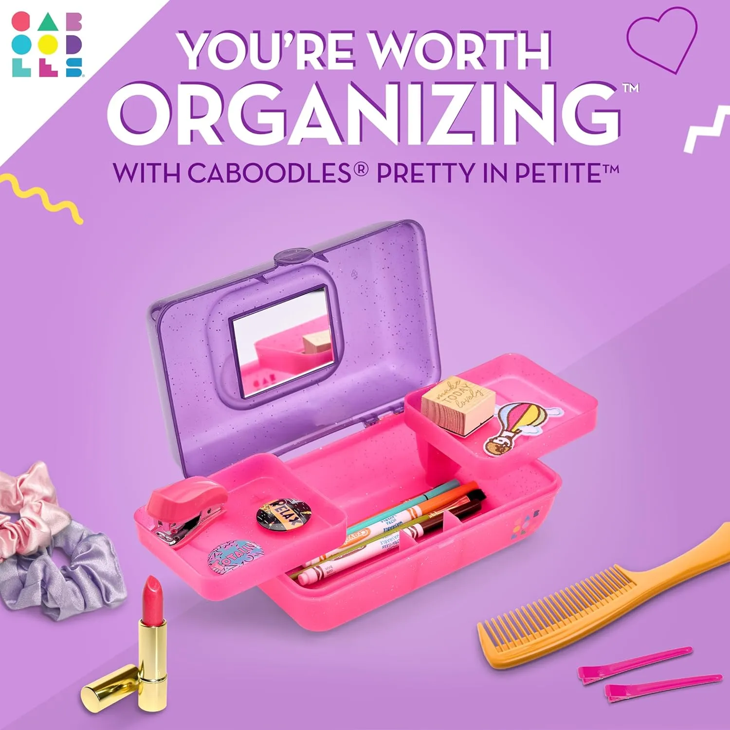 Caboodles Pretty in Petite Makeup Box, Hard Plastic Organizer Box, 2 Swivel Trays, Fashion Mirror, Secure Latch for Safe Travel