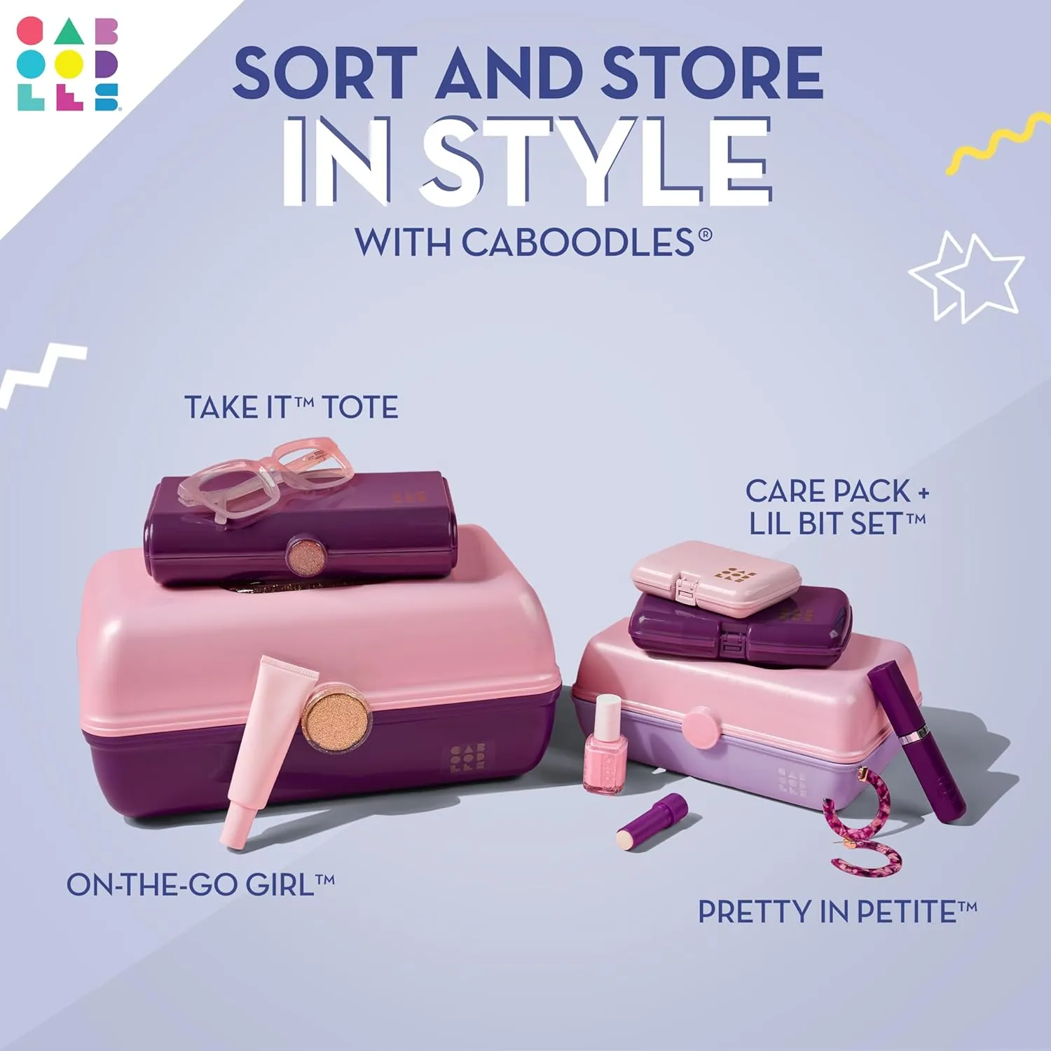 Caboodles Pretty in Petite Makeup Box, Hard Plastic Organizer Box, 2 Swivel Trays, Fashion Mirror, Secure Latch for Safe Travel