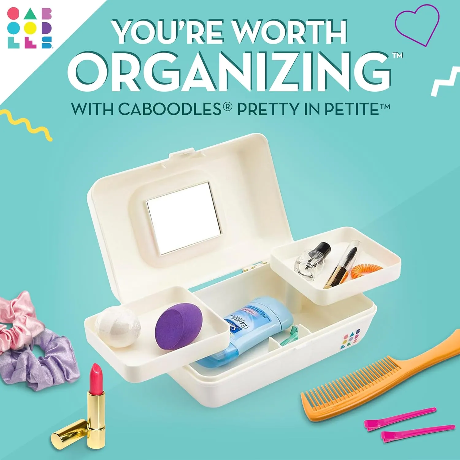 Caboodles Pretty in Petite Makeup Box, Two-Tone White on White, Hard Plastic Organizer Box, 2 Swivel Trays, Fashion Mirror, Secure Latch for Safe Travel