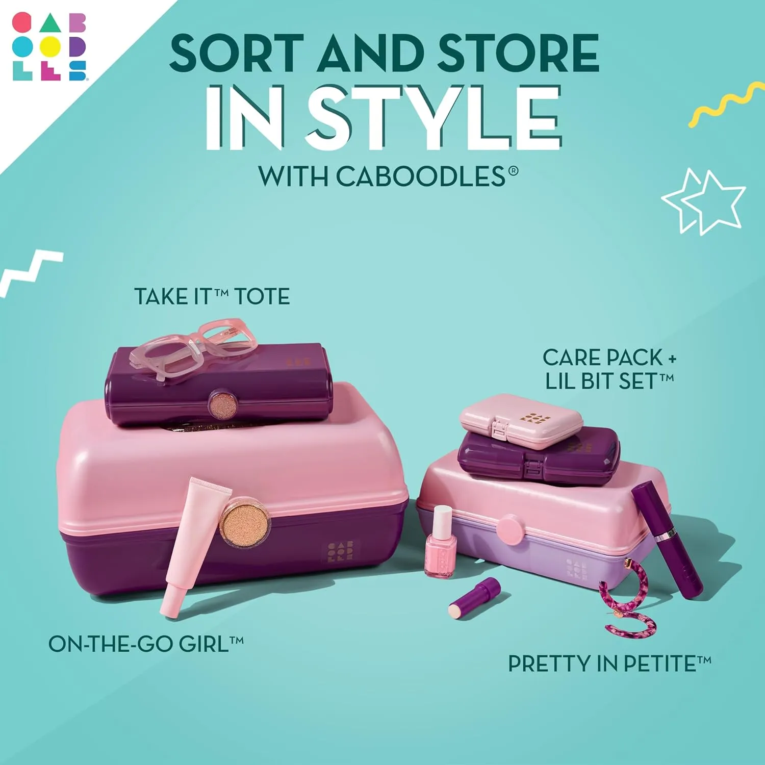 Caboodles Pretty in Petite Makeup Box, Two-Tone White on White, Hard Plastic Organizer Box, 2 Swivel Trays, Fashion Mirror, Secure Latch for Safe Travel