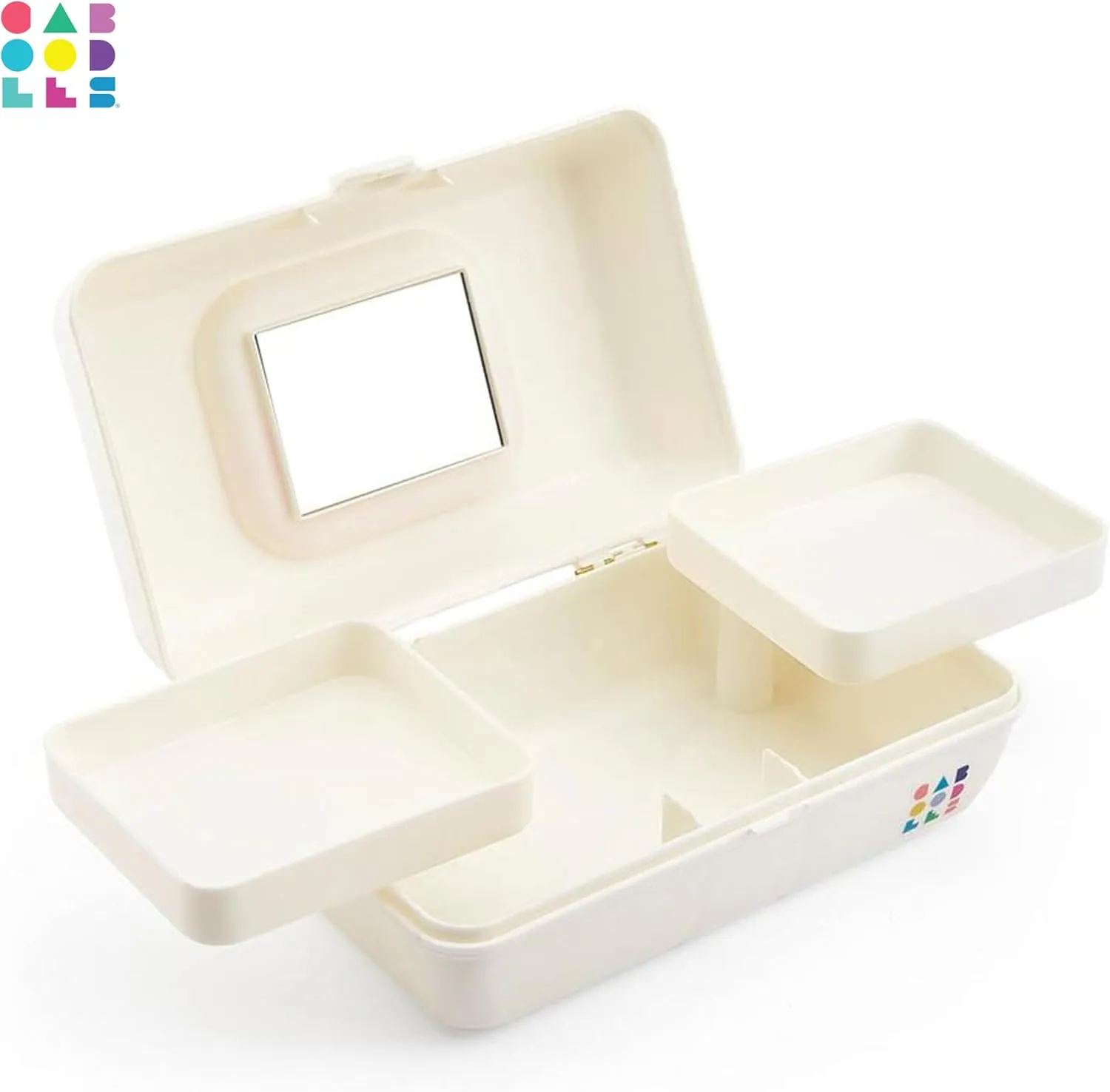 Caboodles Pretty in Petite Makeup Box, Two-Tone White on White, Hard Plastic Organizer Box, 2 Swivel Trays, Fashion Mirror, Secure Latch for Safe Travel