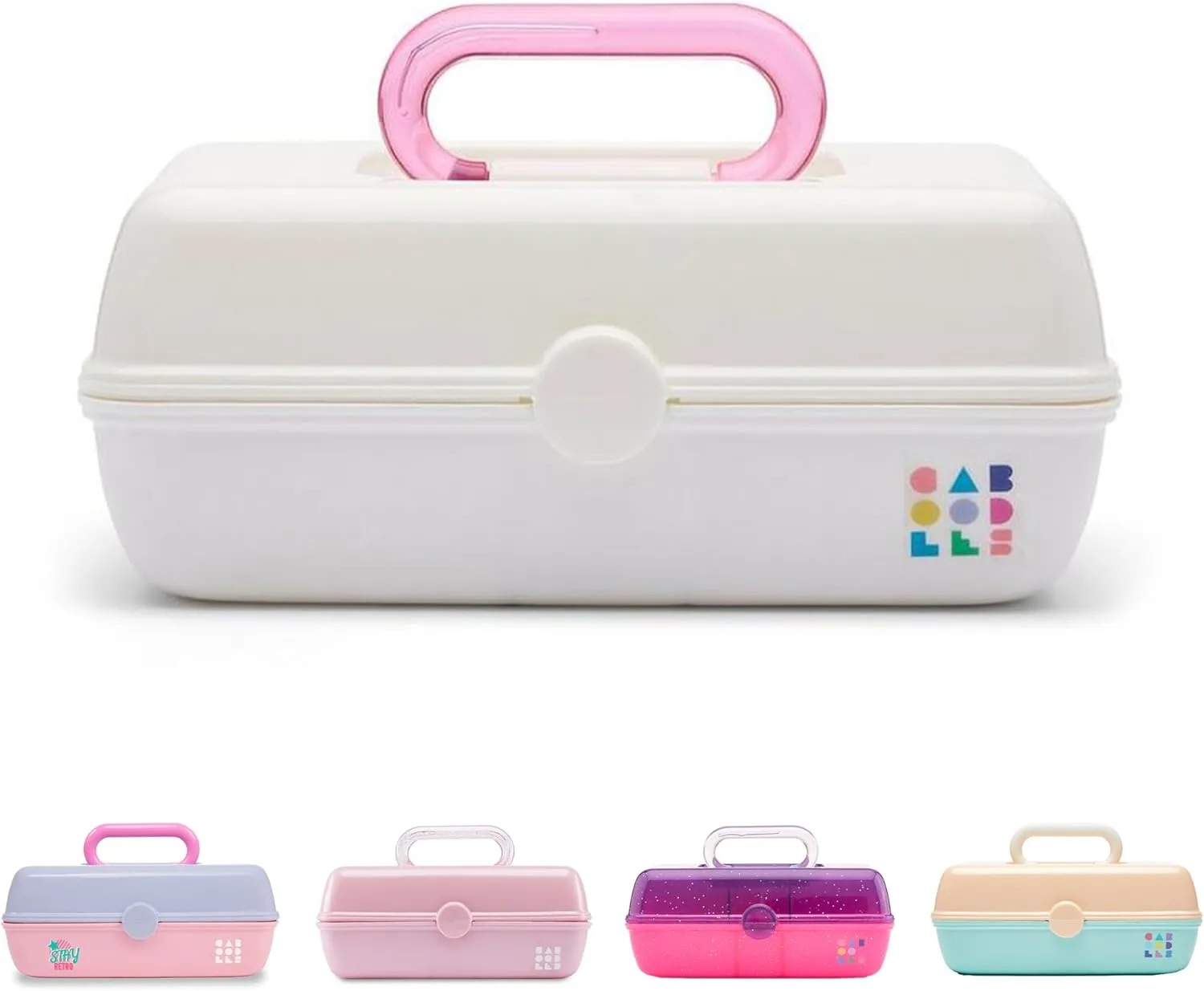 Caboodles Pretty in Petite Makeup Box, Two-Tone White on White, Hard Plastic Organizer Box, 2 Swivel Trays, Fashion Mirror, Secure Latch for Safe Travel