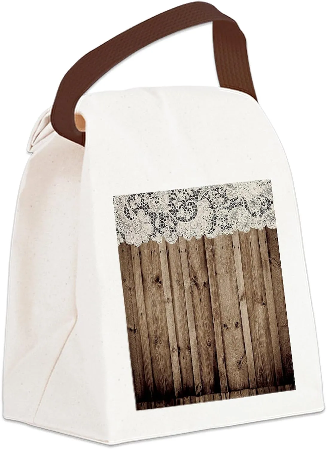 CafePress Shabby Chic Lace Barn Wood Canvas Lunch Bag with Strap Handle