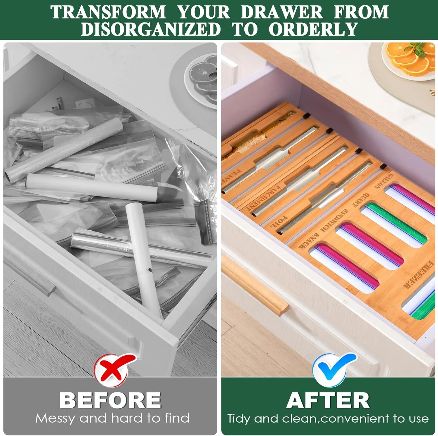 Calmbee Storage Bag Organizer and Wrap Dispenser with Cutter, 9 IN 1 Bamboo Foil and Plastic Wrap Organizer for Kitchen Drawer, Plastic Bag Organizer for Gallon, Quart, Sandwich (Natural, Large)