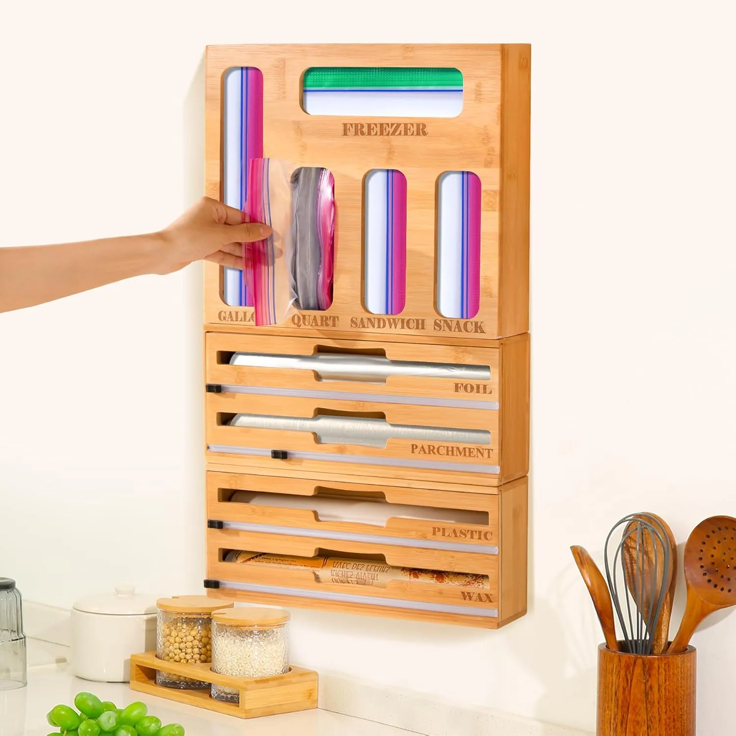 Calmbee Storage Bag Organizer and Wrap Dispenser with Cutter, 9 IN 1 Bamboo Foil and Plastic Wrap Organizer for Kitchen Drawer, Plastic Bag Organizer for Gallon, Quart, Sandwich (Natural, Large)