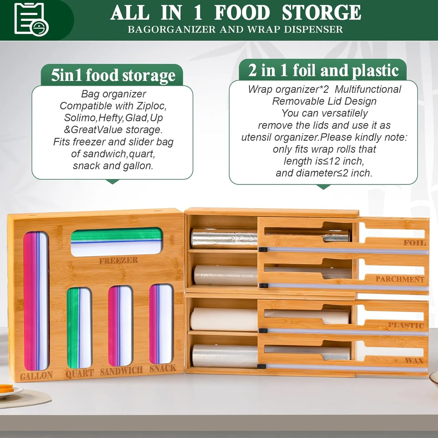 Calmbee Storage Bag Organizer and Wrap Dispenser with Cutter, 9 IN 1 Bamboo Foil and Plastic Wrap Organizer for Kitchen Drawer, Plastic Bag Organizer for Gallon, Quart, Sandwich (Natural, Large)