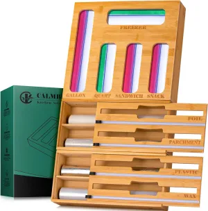 Calmbee Storage Bag Organizer and Wrap Dispenser with Cutter, 9 IN 1 Bamboo Foil and Plastic Wrap Organizer for Kitchen Drawer, Plastic Bag Organizer for Gallon, Quart, Sandwich (Natural, Large)