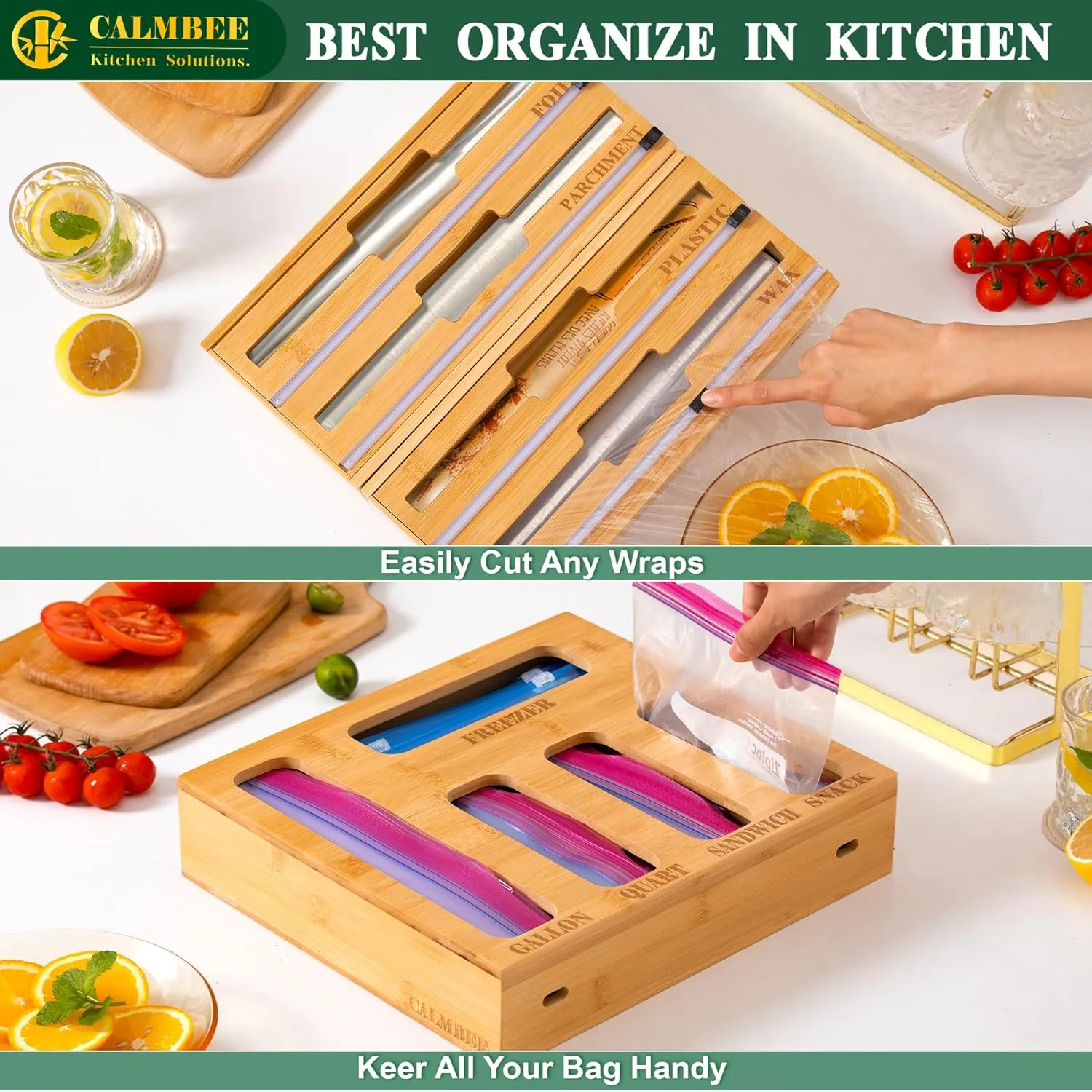 Calmbee Storage Bag Organizer and Wrap Dispenser with Cutter, 9 IN 1 Bamboo Foil and Plastic Wrap Organizer for Kitchen Drawer, Plastic Bag Organizer for Gallon, Quart, Sandwich (Natural, Large)
