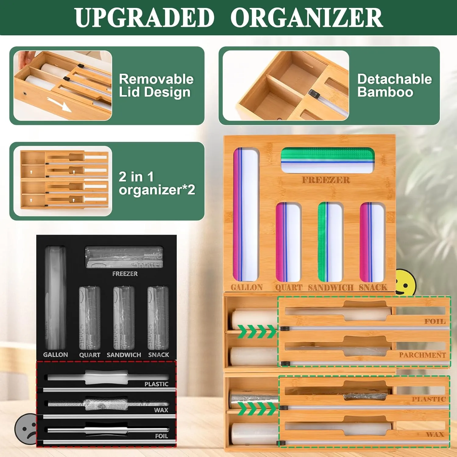 Calmbee Storage Bag Organizer and Wrap Dispenser with Cutter, 9 IN 1 Bamboo Foil and Plastic Wrap Organizer for Kitchen Drawer, Plastic Bag Organizer for Gallon, Quart, Sandwich (Natural, Large)