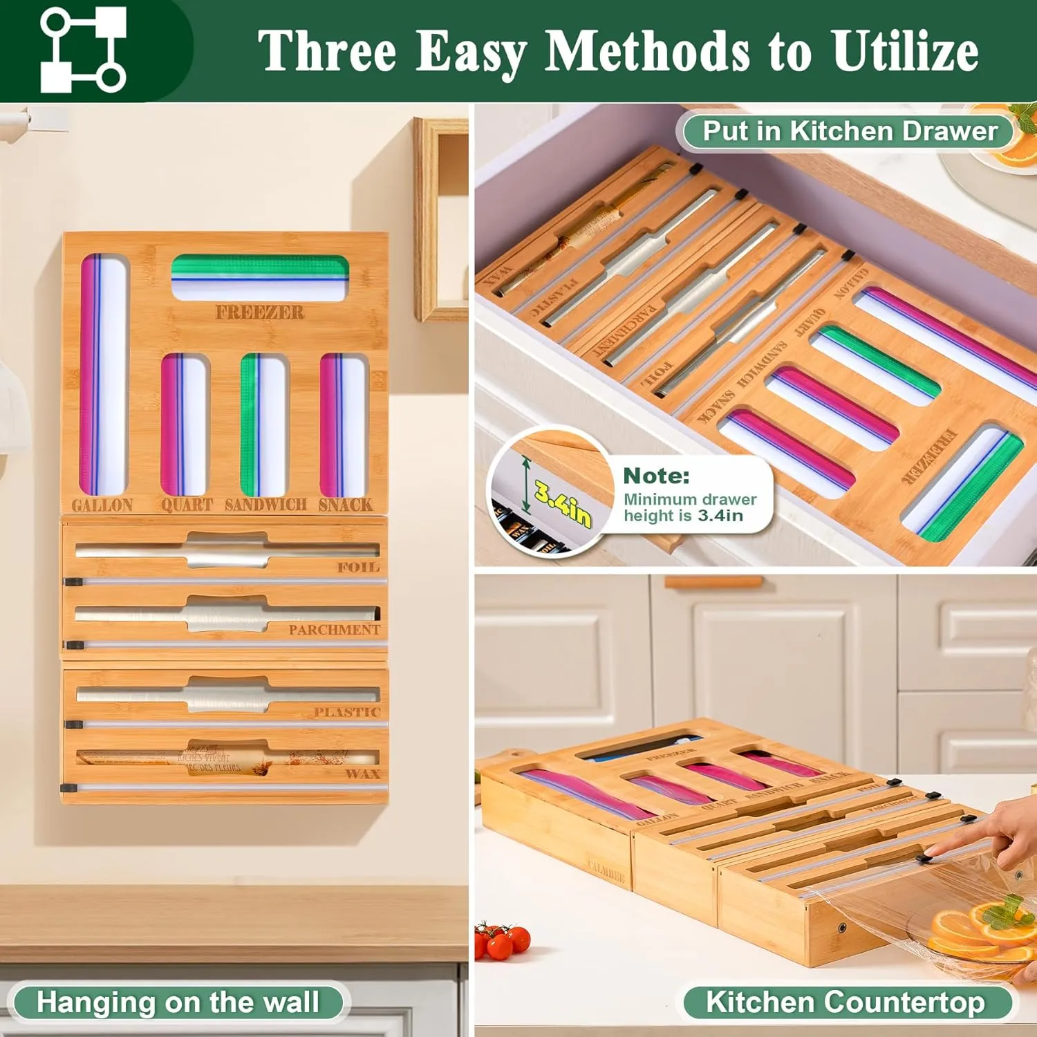 Calmbee Storage Bag Organizer and Wrap Dispenser with Cutter, 9 IN 1 Bamboo Foil and Plastic Wrap Organizer for Kitchen Drawer, Plastic Bag Organizer for Gallon, Quart, Sandwich (Natural, Large)