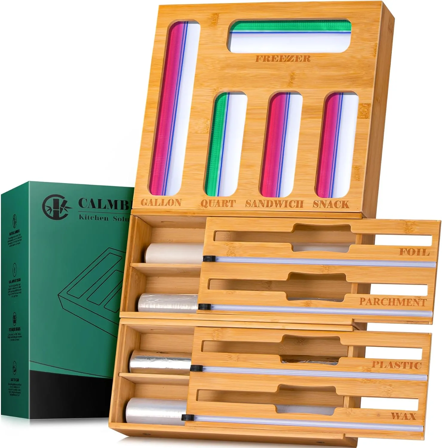 Calmbee Storage Bag Organizer and Wrap Dispenser with Cutter, 9 IN 1 Bamboo Foil and Plastic Wrap Organizer for Kitchen Drawer, Plastic Bag Organizer for Gallon, Quart, Sandwich (Natural, Large)