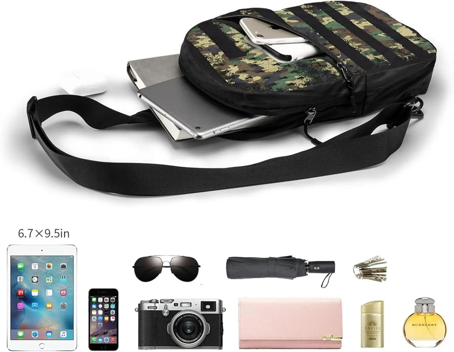 Camo Camouflage American Flag Portable Sling Bags Packable Crossbody Bag Foldable Sport Daypack Reusable Shoulder Backpack Diagonally Chest Bag for Workout Travel