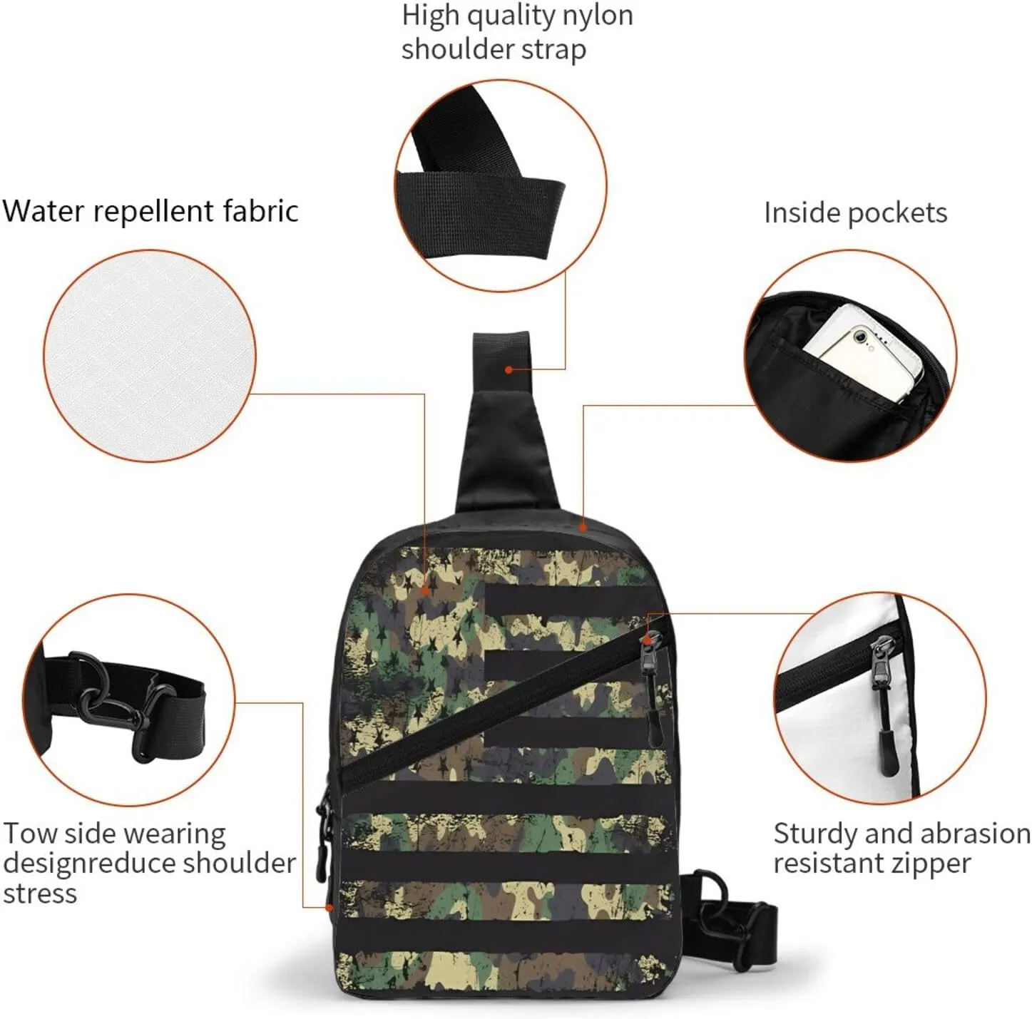 Camo Camouflage American Flag Portable Sling Bags Packable Crossbody Bag Foldable Sport Daypack Reusable Shoulder Backpack Diagonally Chest Bag for Workout Travel